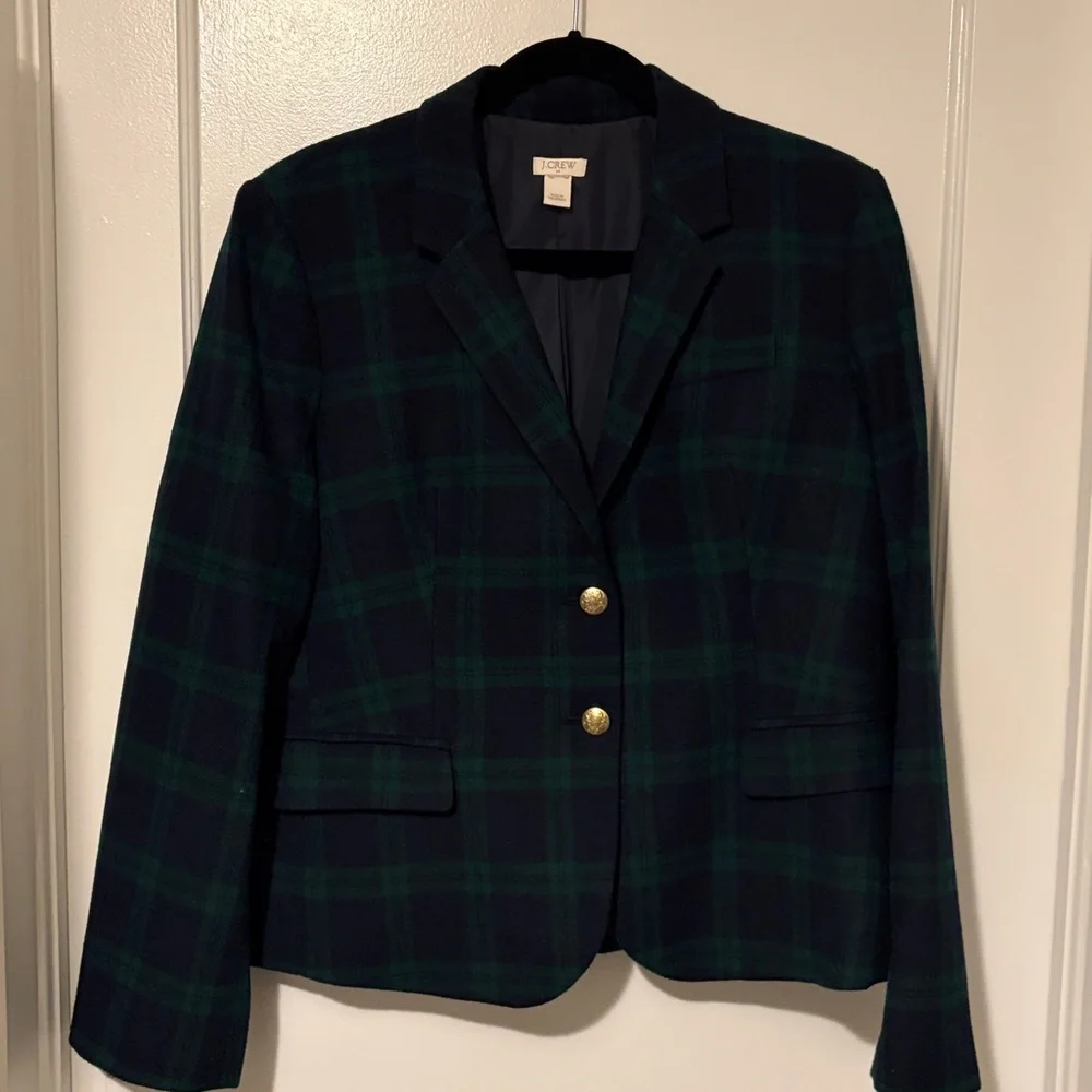 Rare!! J. Crew Black-watch (Black, Navy and Green) Plaid women’s wool Blazer. - Picture 1 of 9